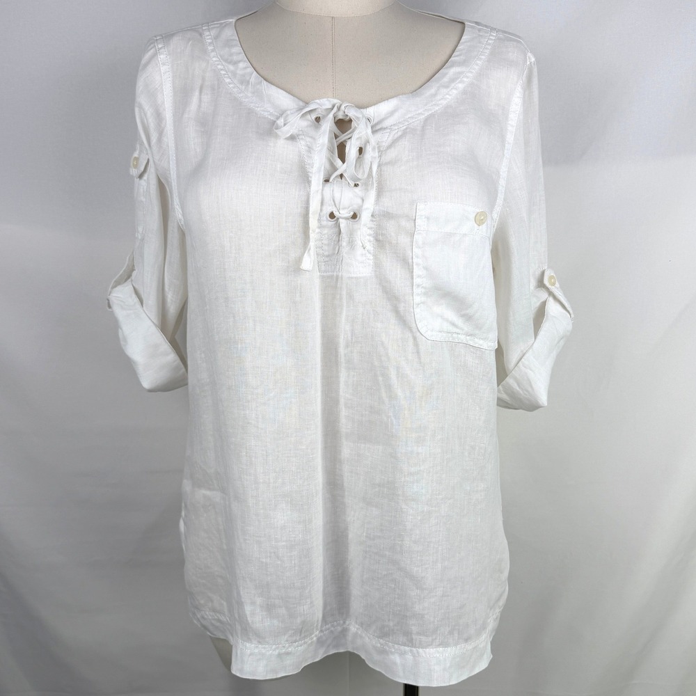 LRL Lauren Jeans Co White 100% Linen Lace-Up‎ Roll-Tab Sleeve Top XL Coastal